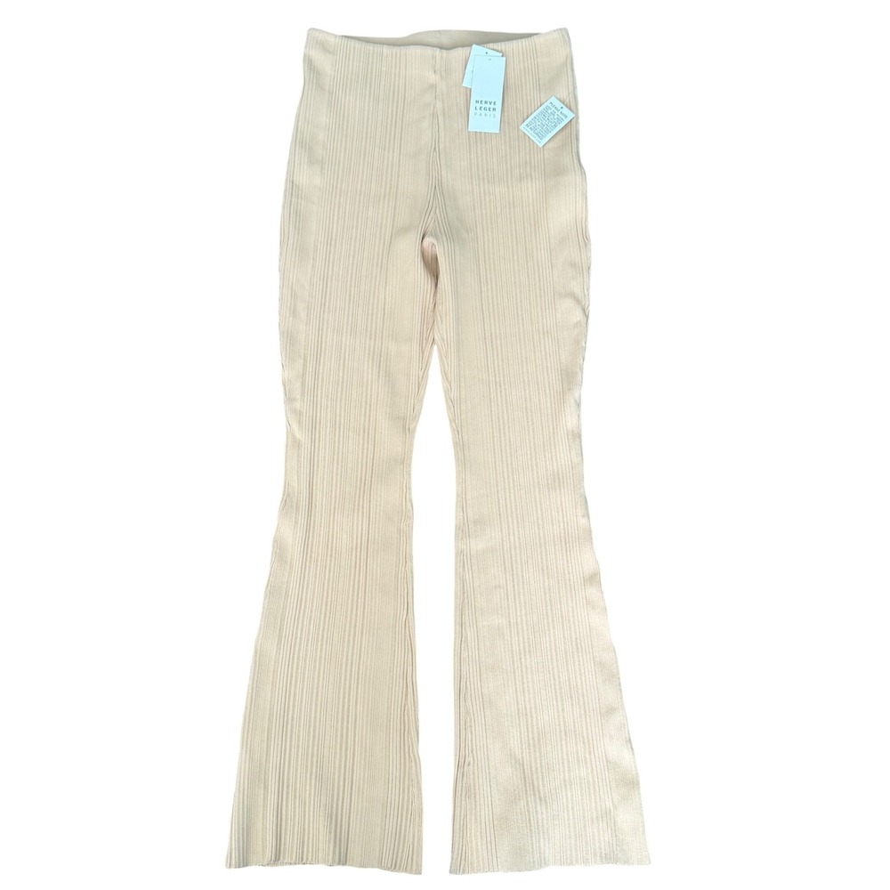 Herve Leger Sesame Ribbed Knit Flare Leg Pants GRO2394424 XL NWT $890